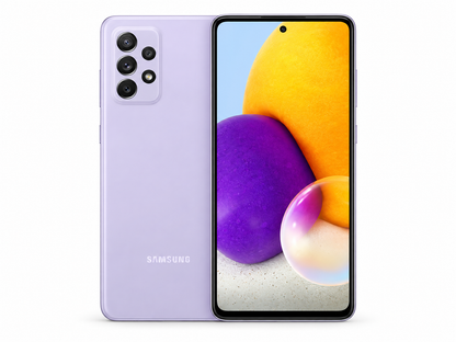 Samsung Galaxy A72 smartphone, violet front and back with quad cameras visible.