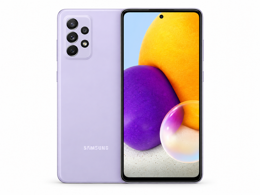 Samsung Galaxy A72 smartphone, violet front and back with quad cameras visible.
