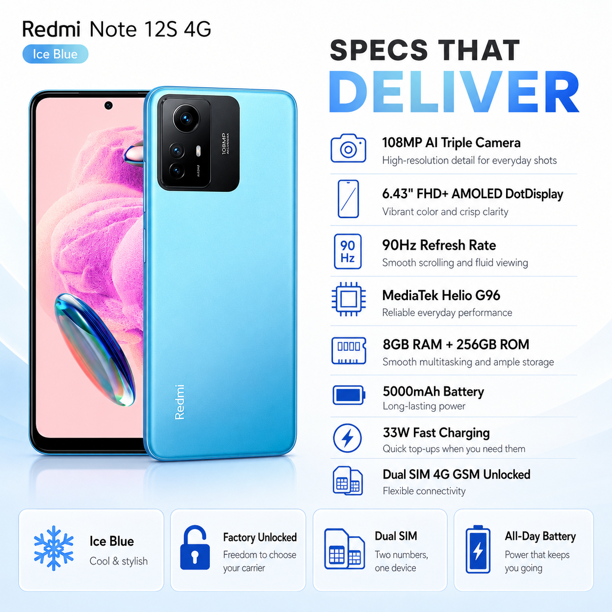 Xiaomi Redmi Note 12s 4G Dual SIM 256GB ROM 8GB RAM GSM Unlocked - Ice Blue