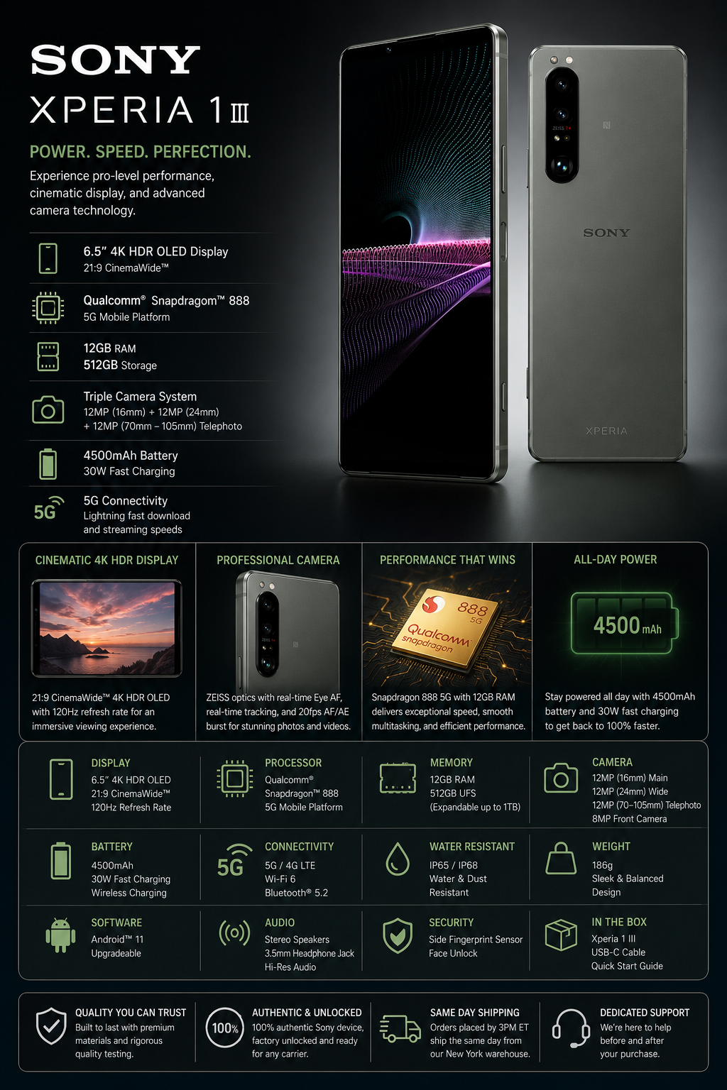 Sony Xperia 1 III XQ-BC72 5G Frosted gray smartphone with front display and rear multi-lens camera array