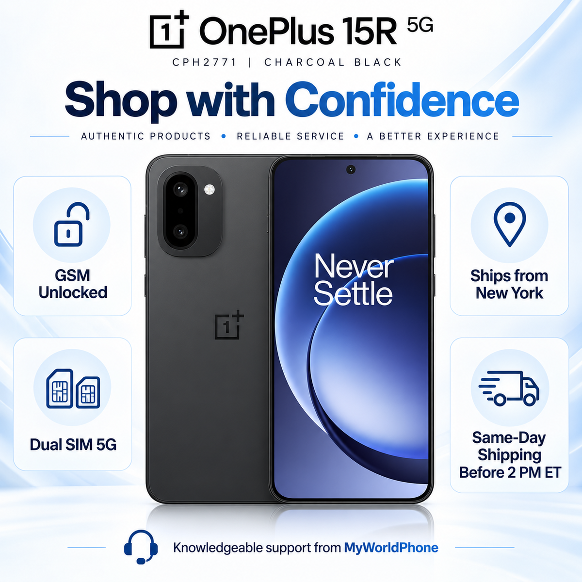 OnePlus 15R 5G Charcoal black smartphone front view with blue gradient screen