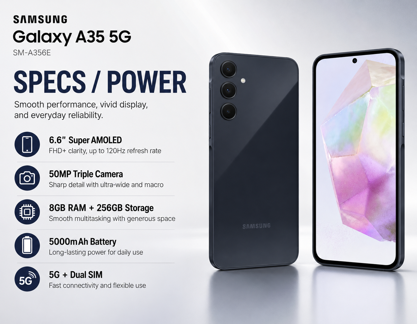 Navy Samsung Galaxy A35 5G smartphone with dual rear cameras and front display