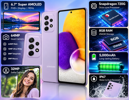 Galaxy A72 smartphone in violet with front display, surrounded by feature icons.