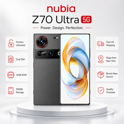 Black Nubia smartphone with dual cameras and colorful display, front and back view.