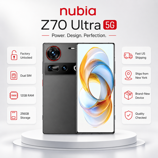 Black Nubia smartphone with dual cameras and colorful display, front and back view.