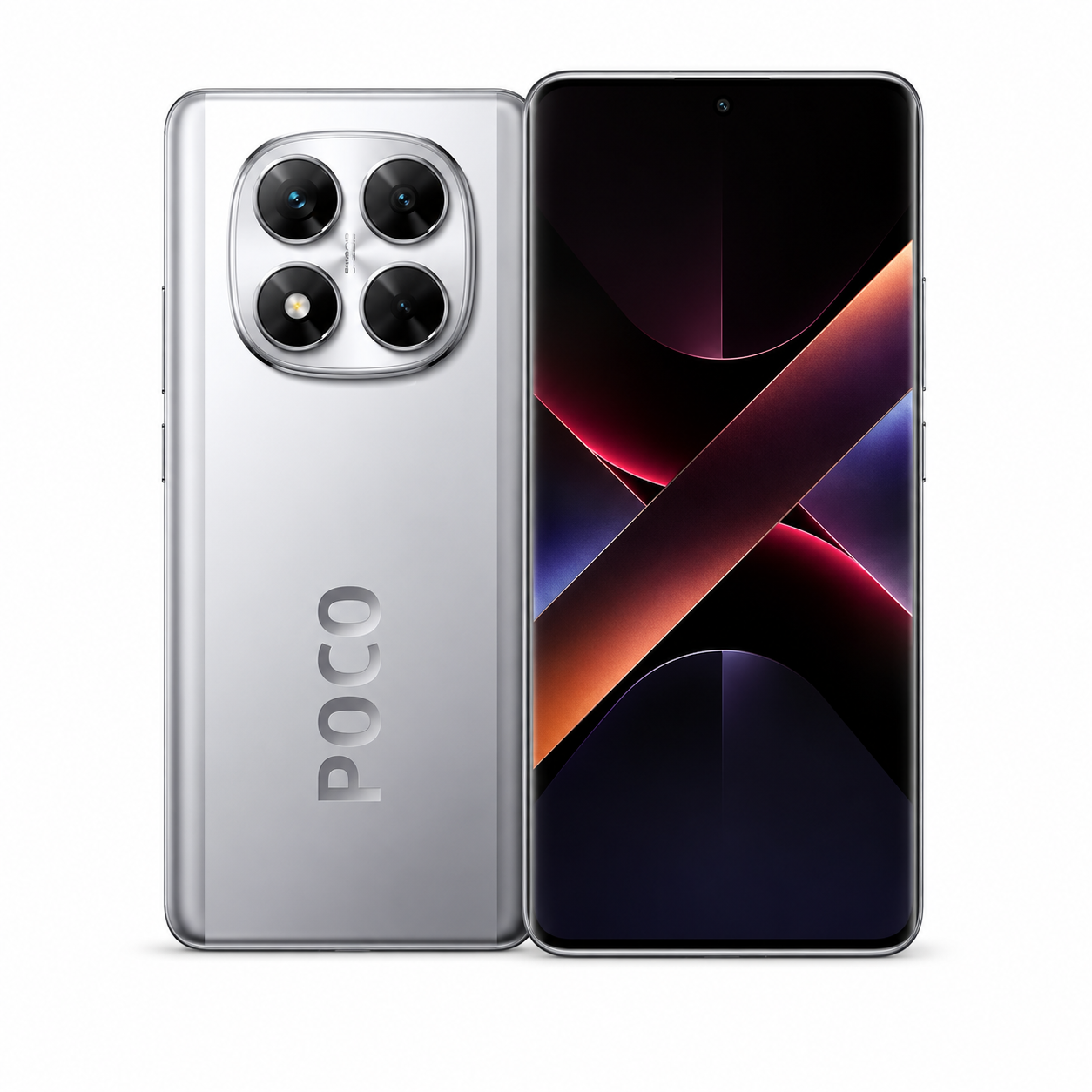 Xiaomi Poco X7 5G Silver smartphone showing rear quad-camera and front dark display side-by-side