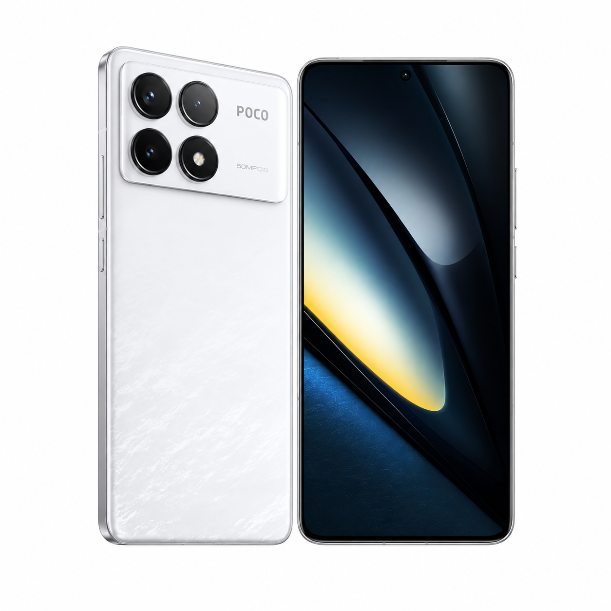 White POCO F6 Pro 5G smartphone with quad rear cameras and dark front screen