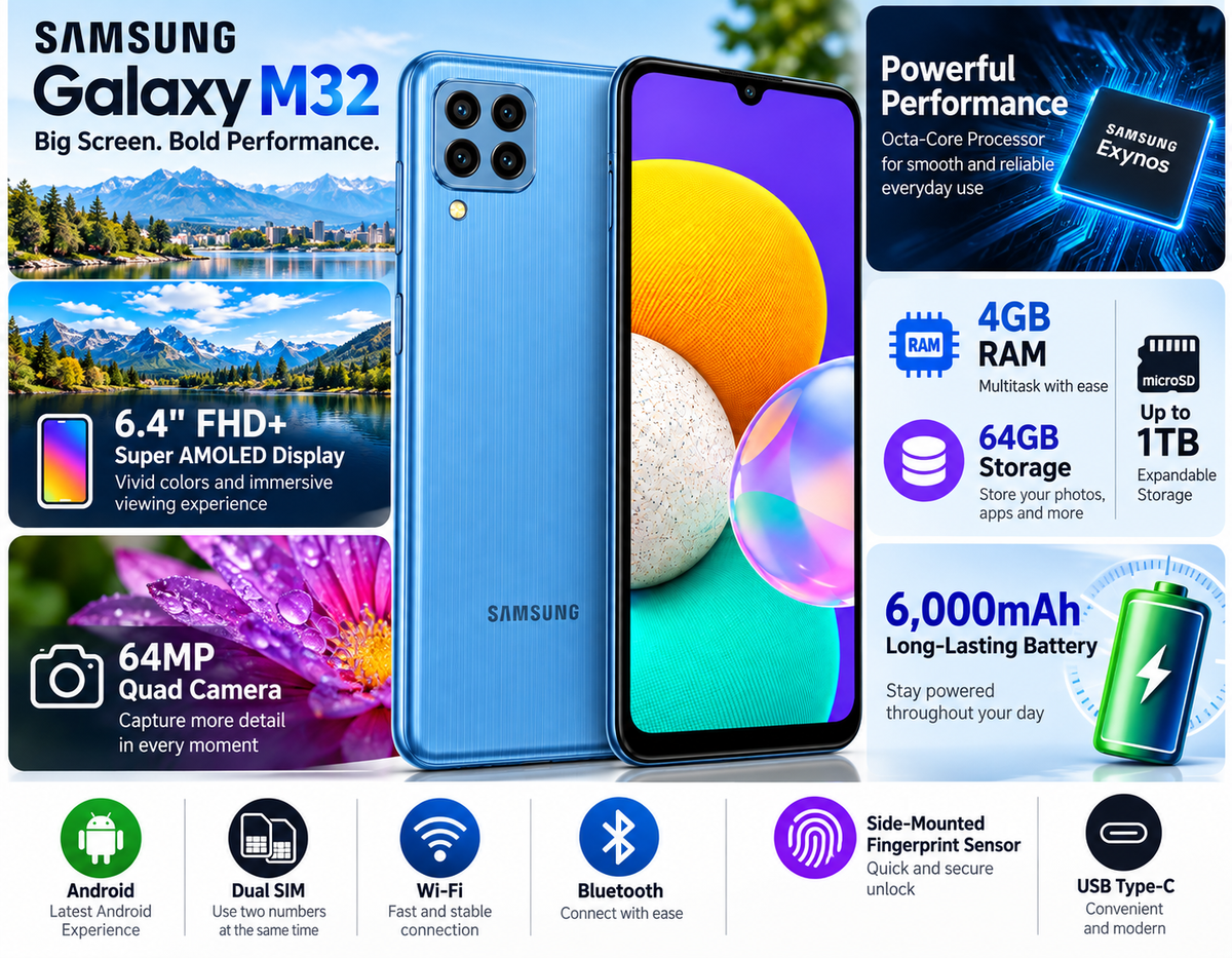 Samsung Galaxy M32 Blue Samsung smartphone front and back, featuring a large display and quad cameras