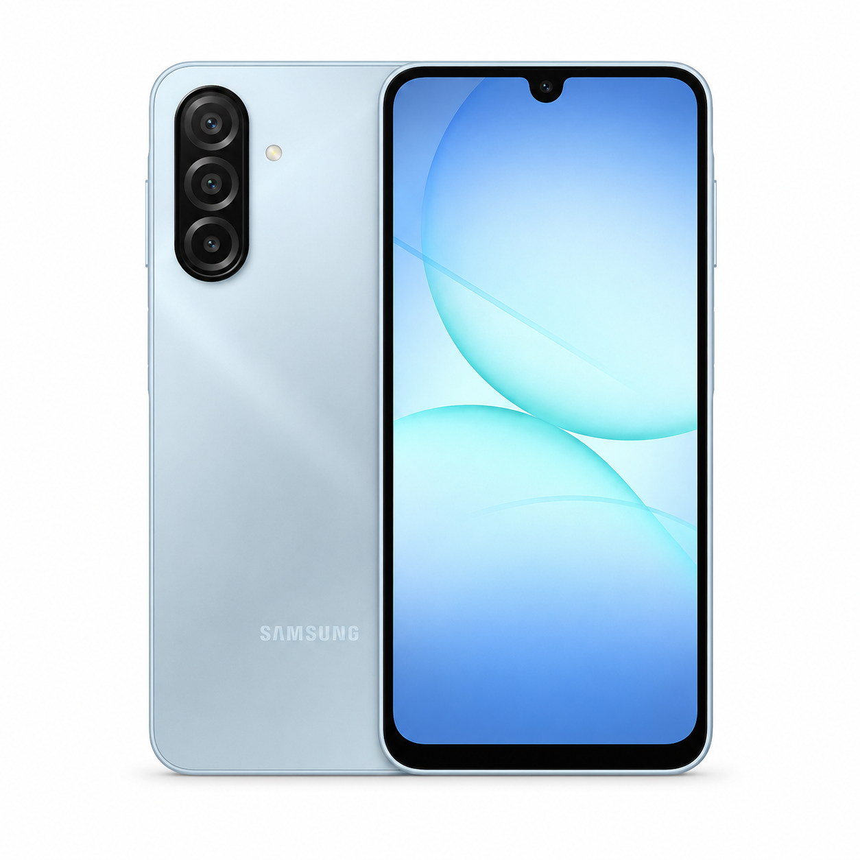 Samsung Galaxy A17 4G  Light gray smartphone front and back views with blue display and rear triple cameras