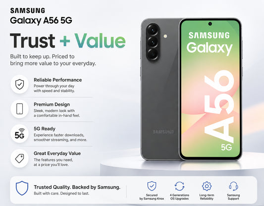 Graphite Samsung Galaxy A56 5G smartphone showing front and back with triple cameras