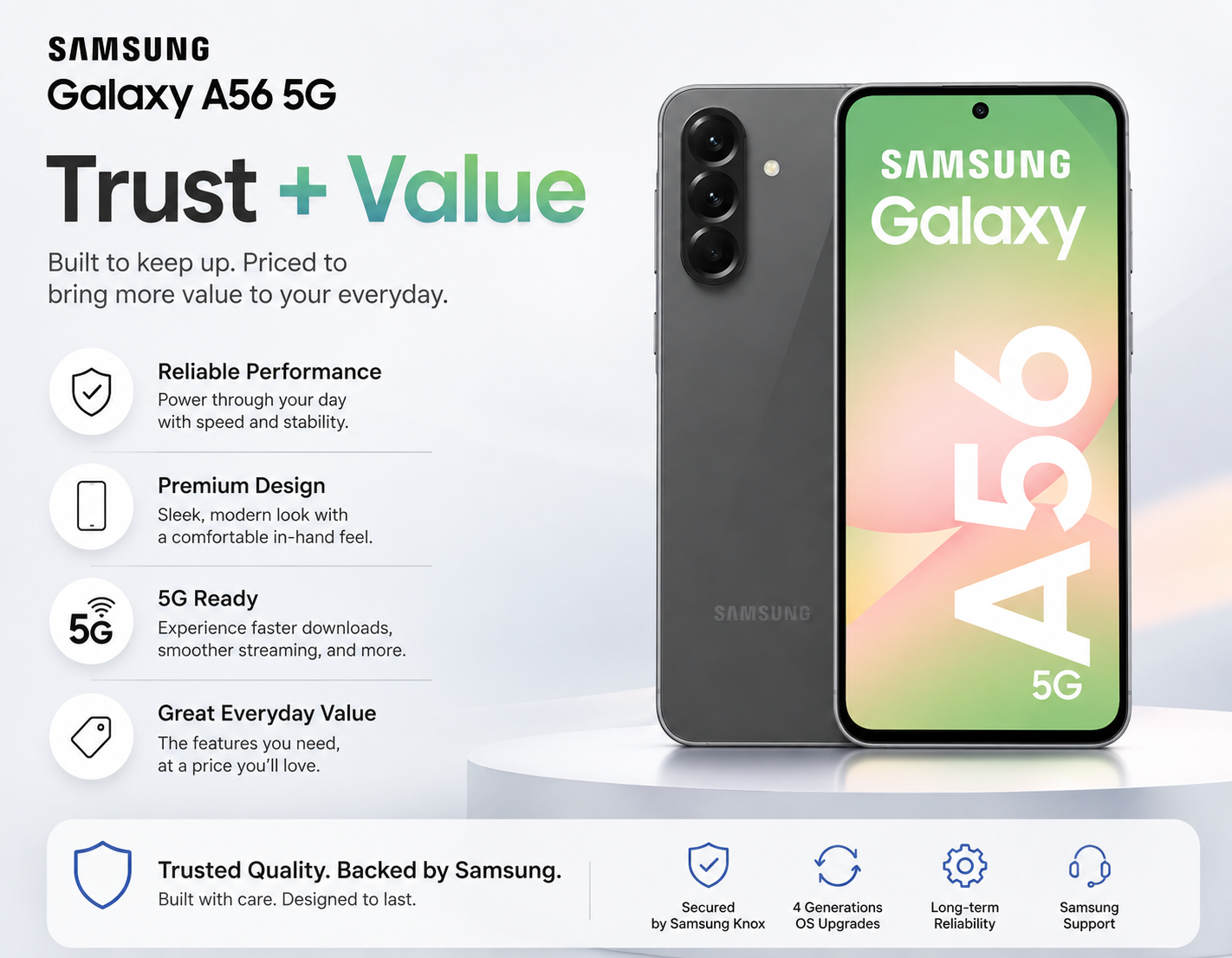 Graphite Samsung Galaxy A56 5G smartphone showing front and back with triple cameras