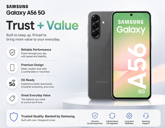 Graphite Samsung Galaxy A56 5G smartphone showing front and back with triple cameras