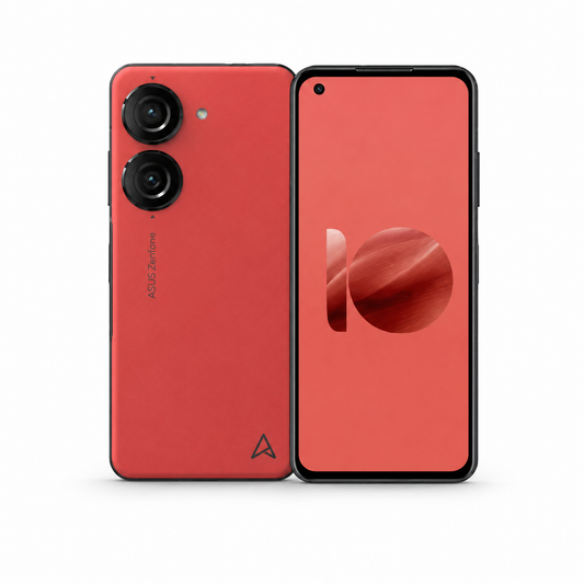 Red ASUS Zenfone 10 smartphone front and back view with dual cameras and circular fingerprint icon.