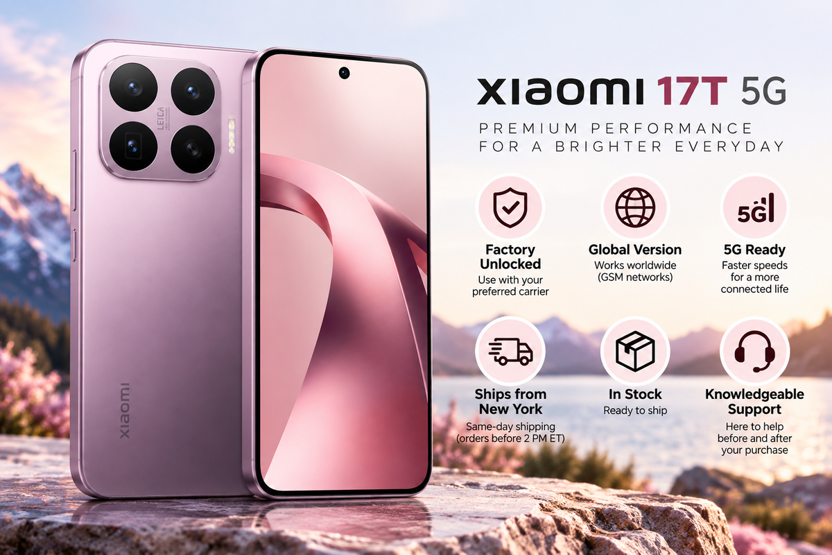 XIAOMI Mi 17T 5G smartphone front and back shown with promotional icons on side.