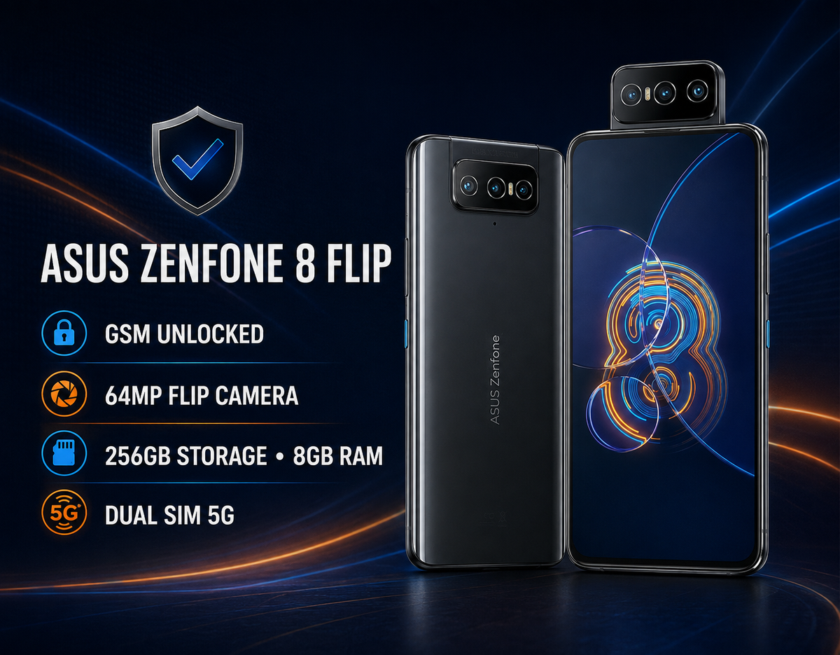 Asus Zenfone 8 Flip Black smartphone with flip camera and dual display, front and back shown side-by-side