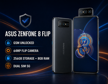 Asus Zenfone 8 Flip Black smartphone with flip camera and dual display, front and back shown side-by-side