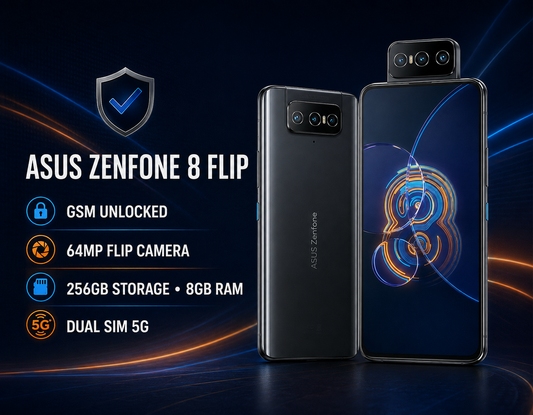 Asus Zenfone 8 Flip Black smartphone with flip camera and dual display, front and back shown side-by-side