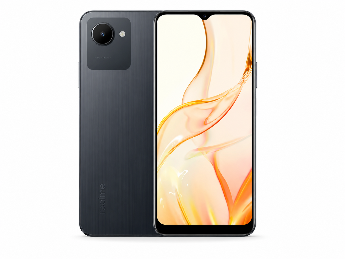 Realme C30s  Unlocked smartphone with black back, dual cameras, front display, sleek design.