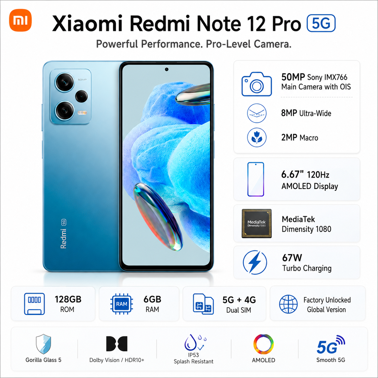 Xiaomi Redmi Note 12 Pro 5G Dual SIM 128GB ROM 6GB RAM GSM Unlocked - Blue