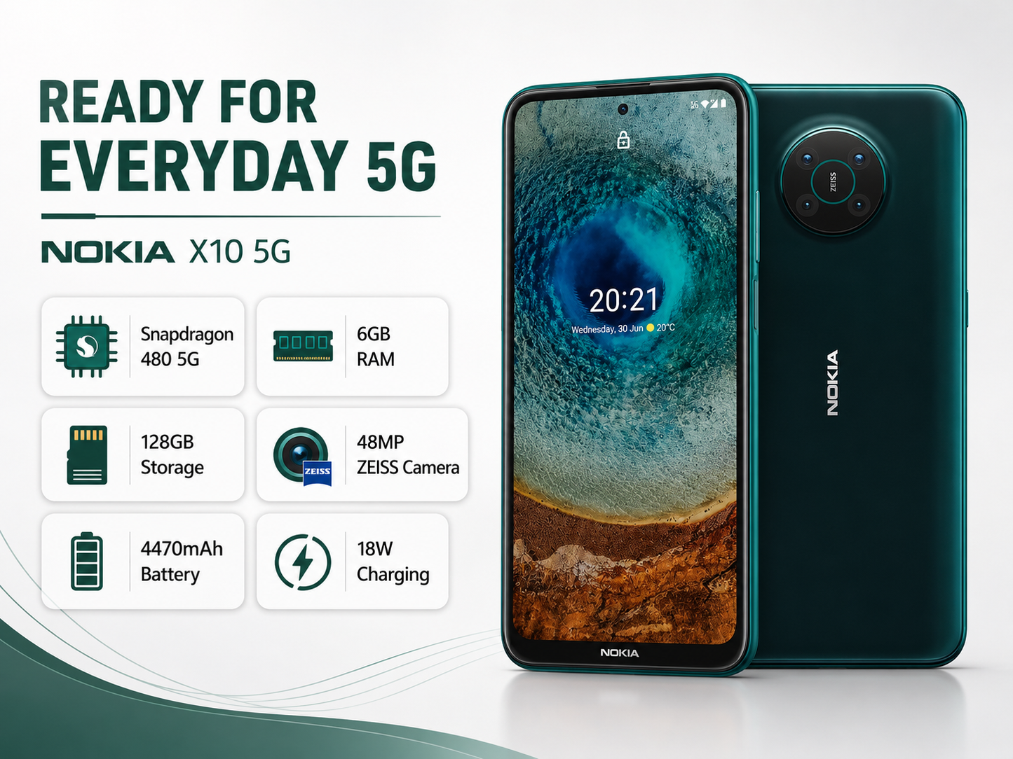 Teal Nokia X10 5G smartphone front and back view, Forest finish, dual camera