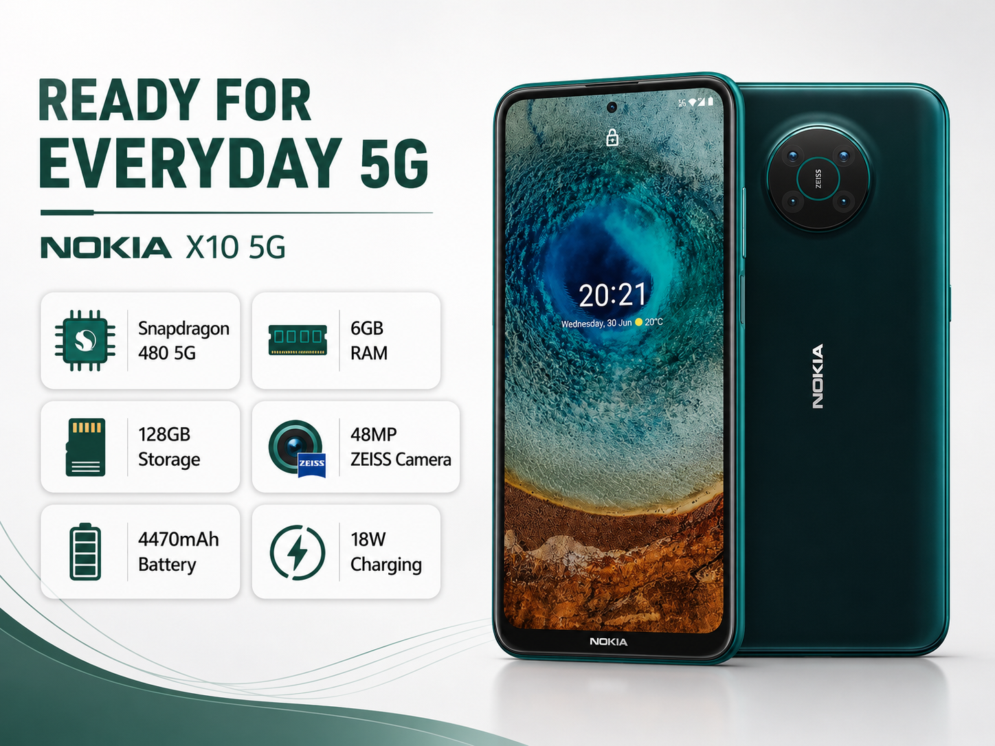 Teal Nokia X10 5G smartphone front and back view, Forest finish, dual camera