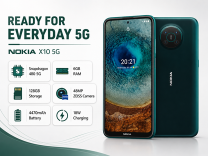 Teal Nokia X10 5G smartphone front and back view, Forest finish, dual camera