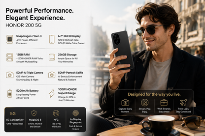 Black Honor 200 5G smartphone in hand, front display and rear camera visible