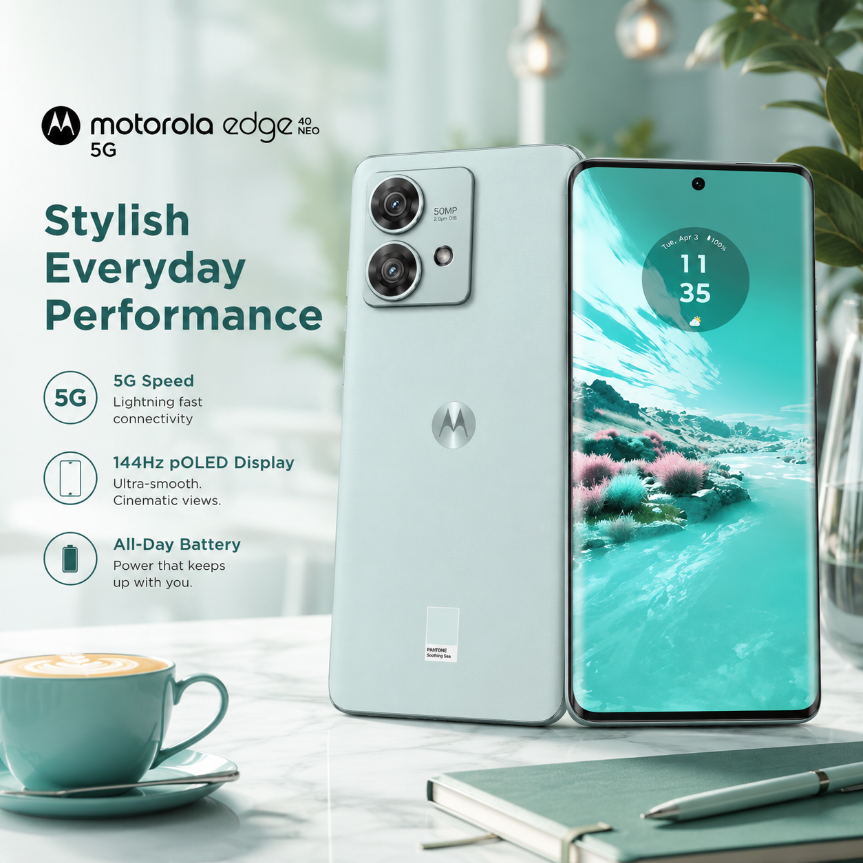 Mint green Motorola smartphone standing with dual rear cameras; front screen shows landscape