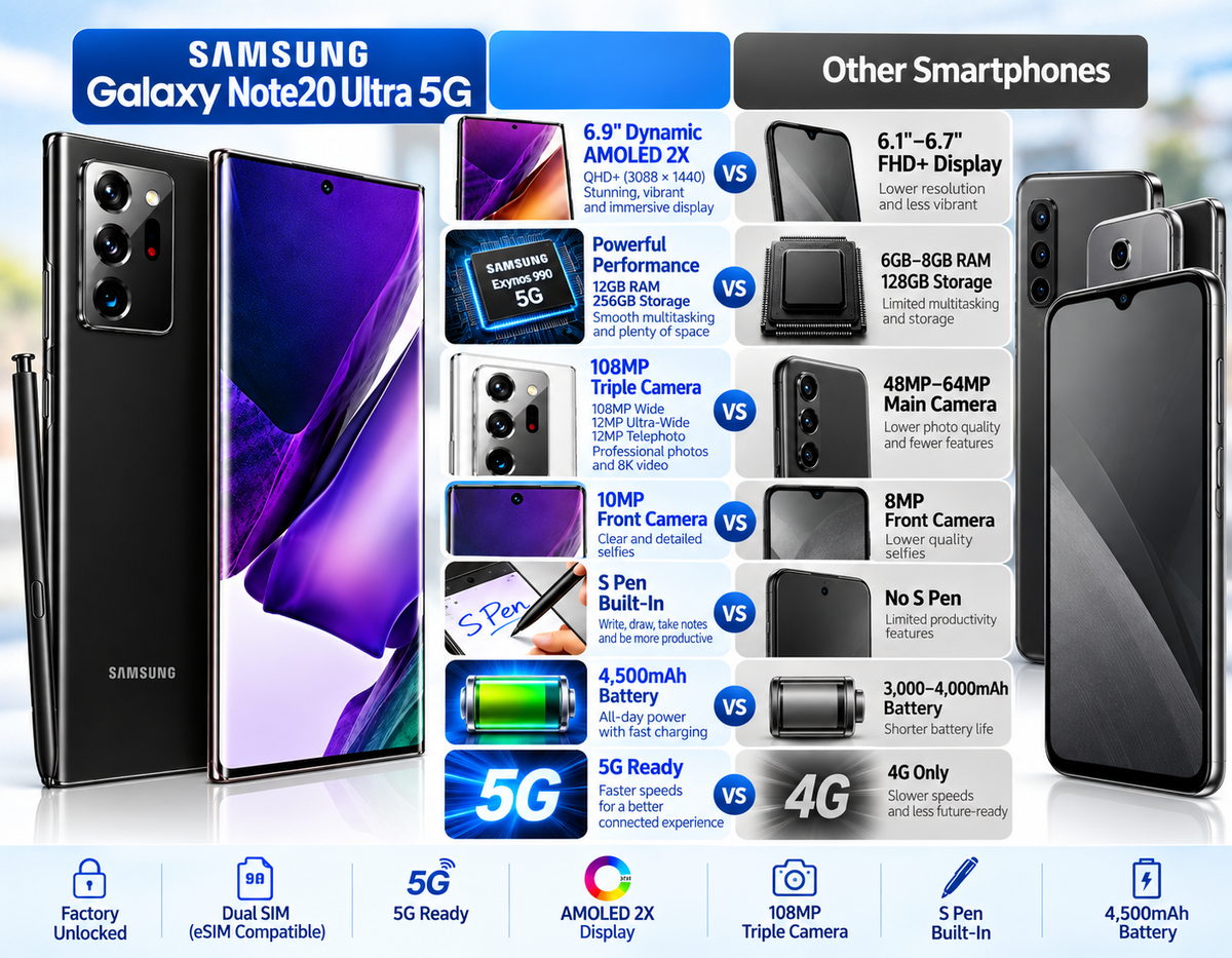 Black Samsung Note20 Ultra smartphone with S Pen and front display, angled view