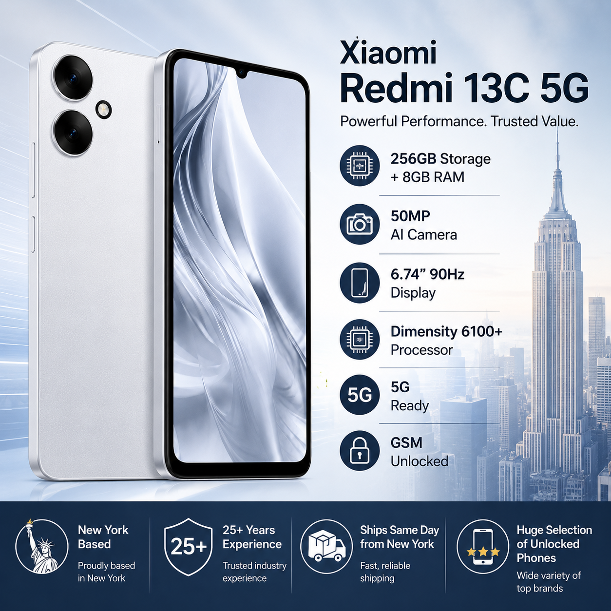Xiaomi Redmi 13C 5G 256GB ROM 8GB RAM Dual SIM GSM Unlocked - Silver