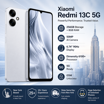 Xiaomi Redmi 13C 5G 256GB ROM 8GB RAM Dual SIM GSM Unlocked - Silver