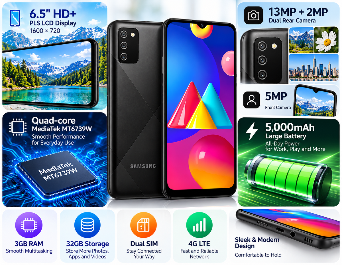 Black Samsung Galaxy M02s smartphone with HD+ display and rear camera array