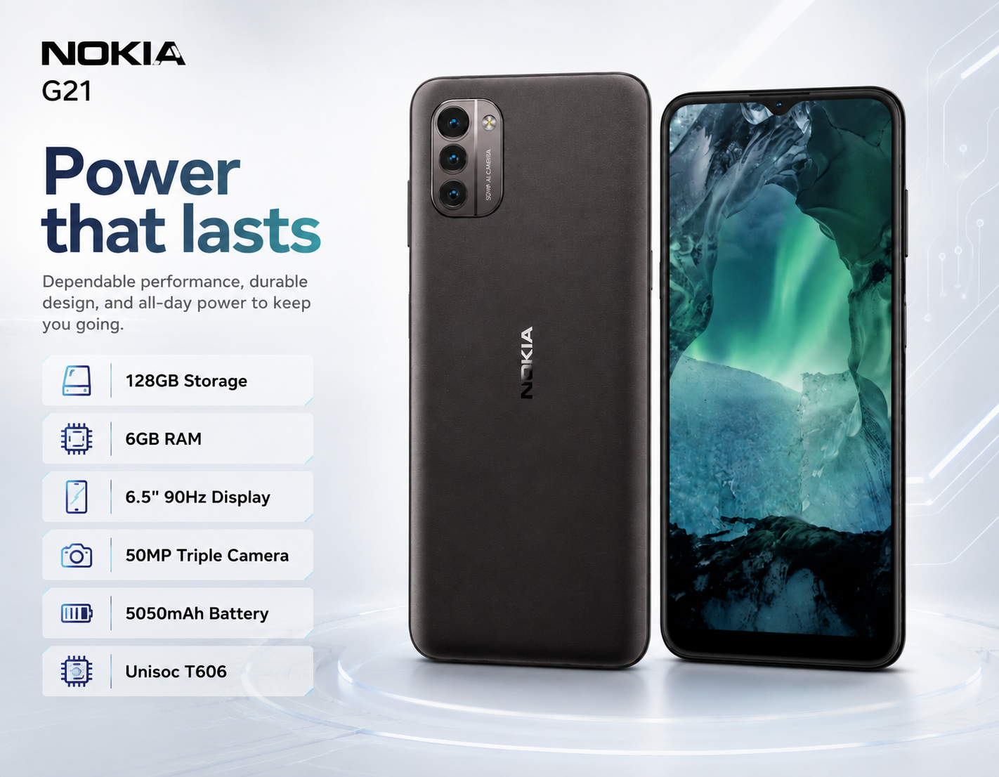 Dusk gray Nokia G21 smartphone showing rear camera module and front display.