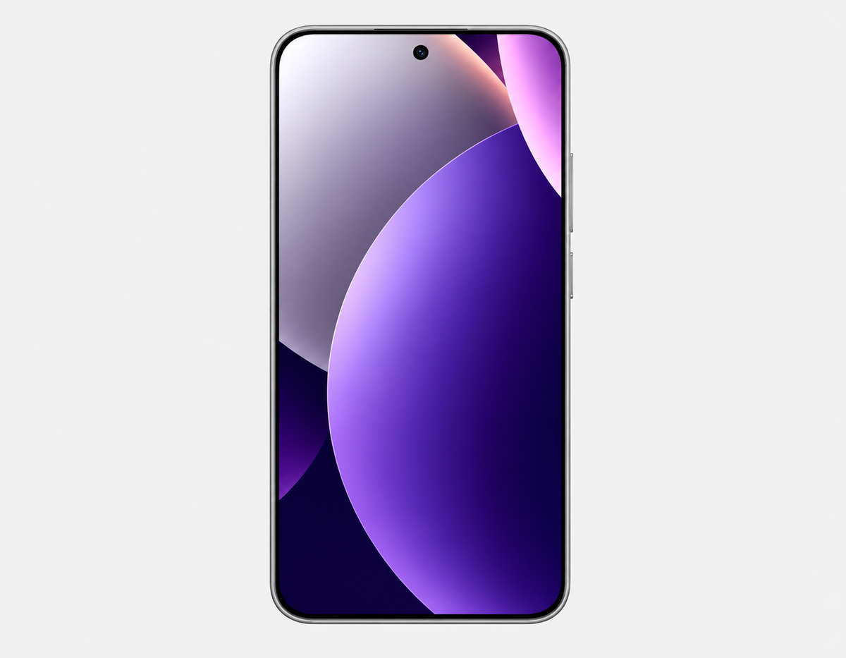 Xiaomi Redmi Note 15 5G  Purple smartphone front with edge-to-edge display and purple abstract wallpaper.
