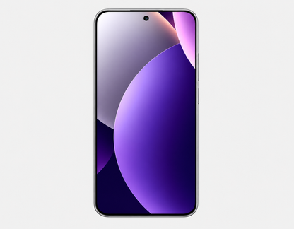 Xiaomi Redmi Note 15 5G  Purple smartphone front with edge-to-edge display and purple abstract wallpaper.
