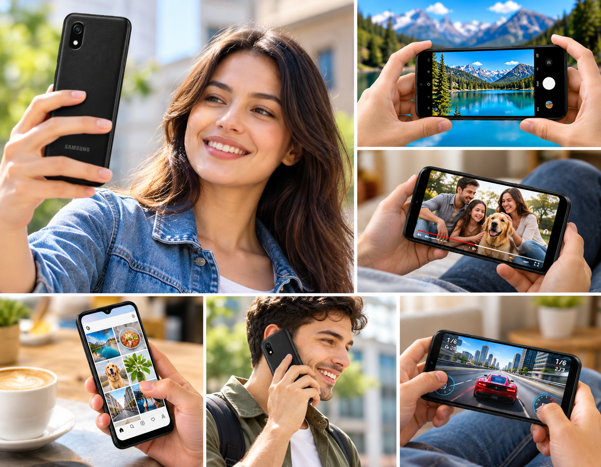 Black Samsung Galaxy A03 Core phone in use, held by people taking photos