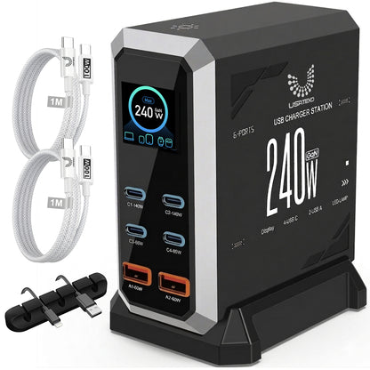 USATEKO 240W GaN 6-Port USB Charging Station with 140W USB-C and 2× 100W Cables