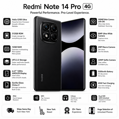 Xiaomi Redmi Note 14 Pro 4G 512GB ROM 12GB RAM Dual SIM GSM Unlocked - Midnight Black