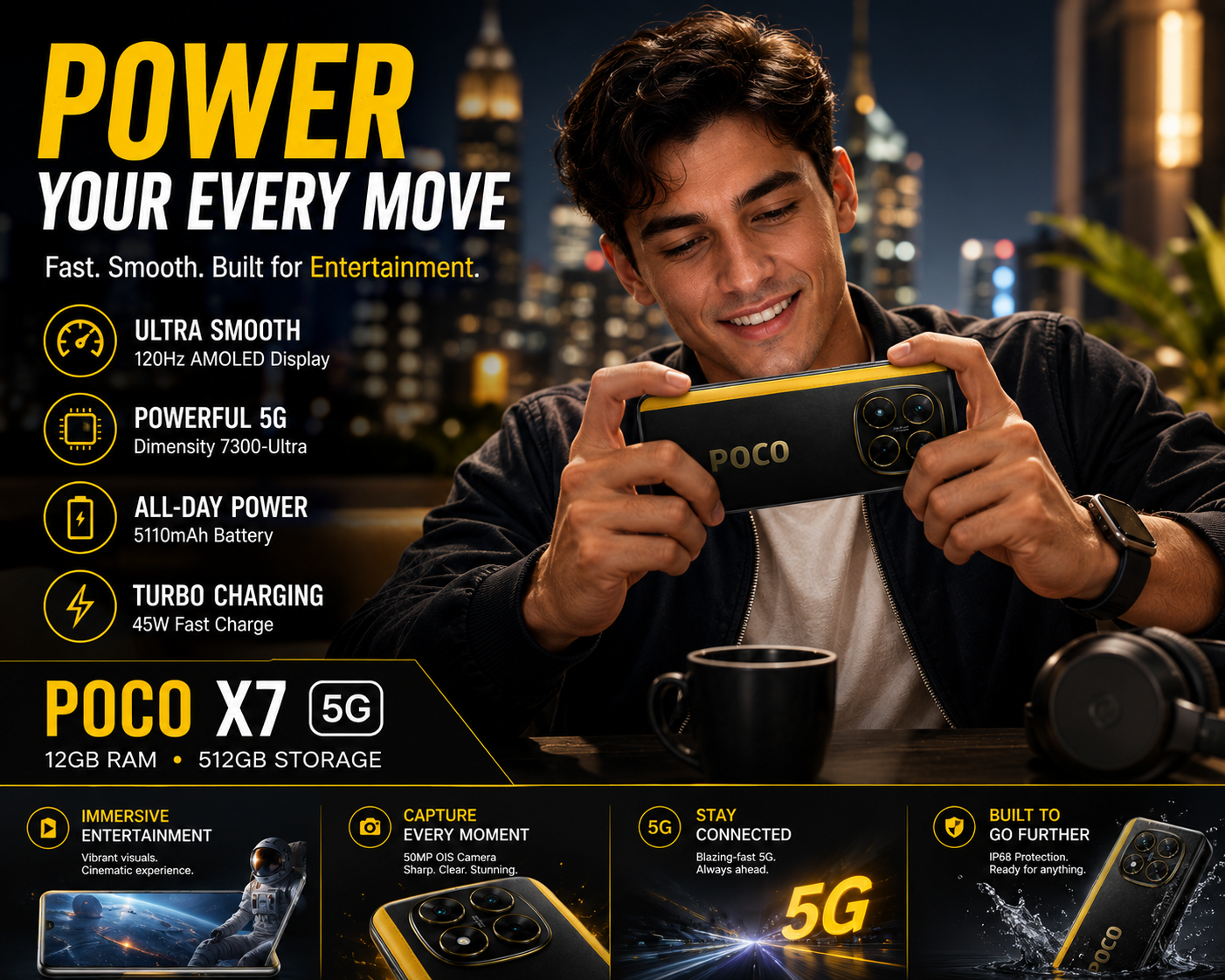 Xiaomi Poco X7 5G Unlocked smartphone held in hand, gold-trim black back with quad cameras visible
