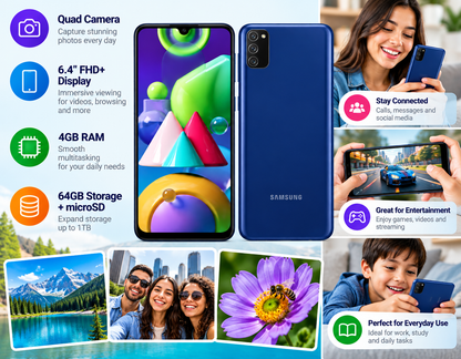 Samsung Galaxy M21  Blue Samsung Galaxy smartphone front and back held by a person