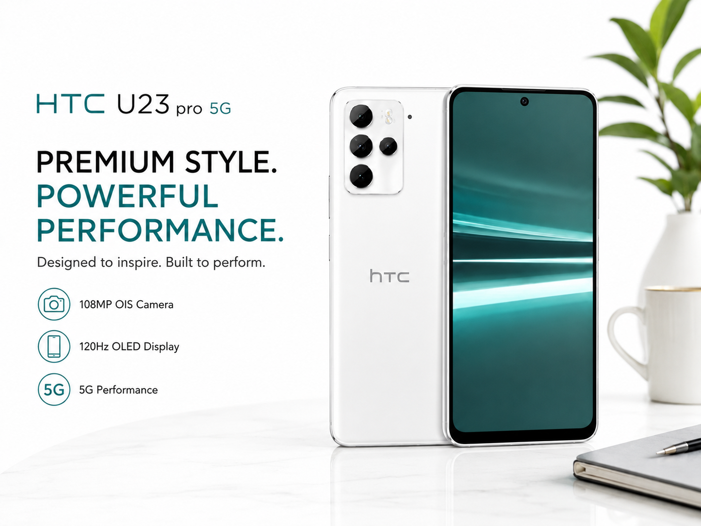White HTC U23 Pro 5G smartphone standing with teal display, rear camera array visible