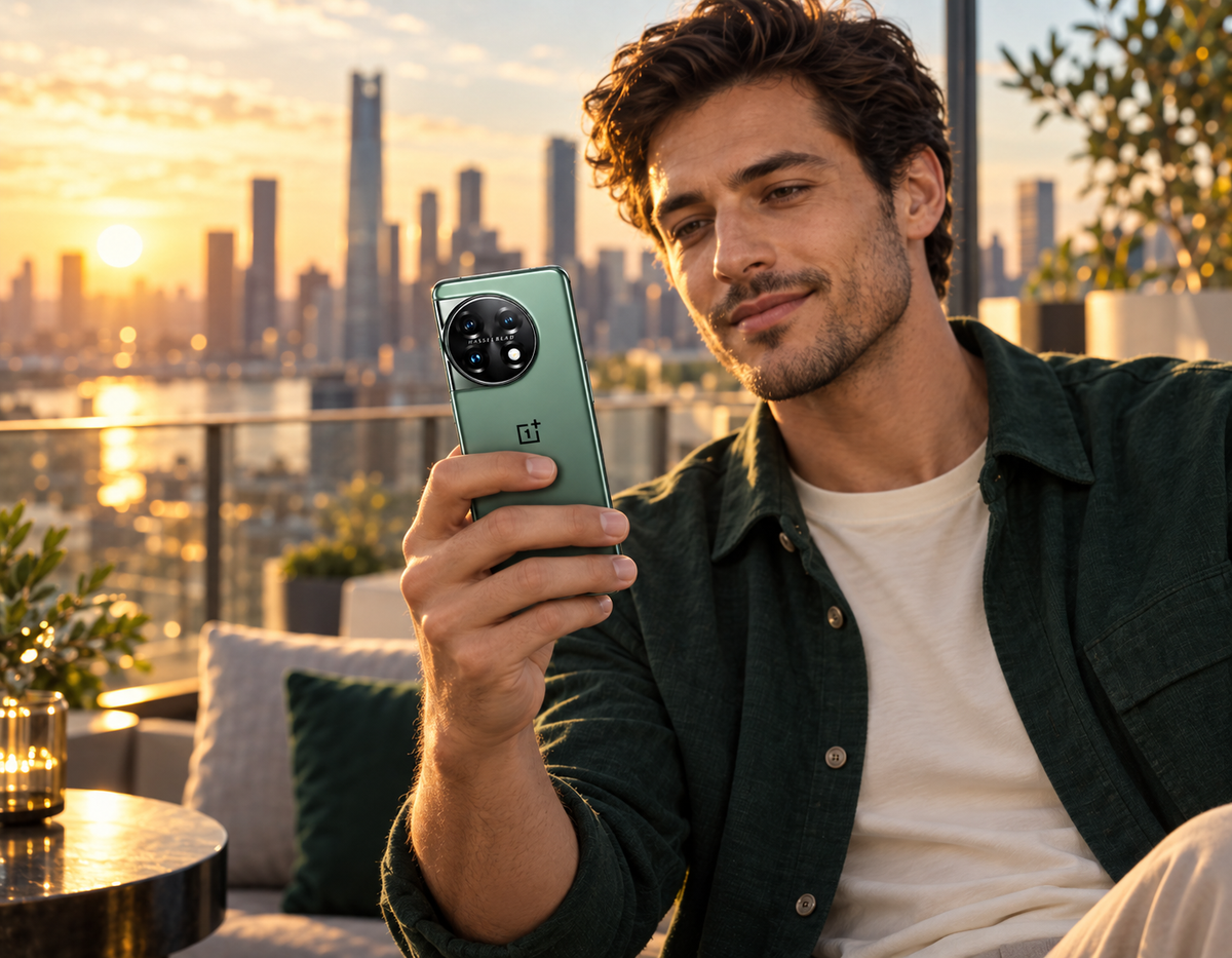 ONEPLUS 11 5G Man holding a green smartphone outdoors with city skyline at sunset.