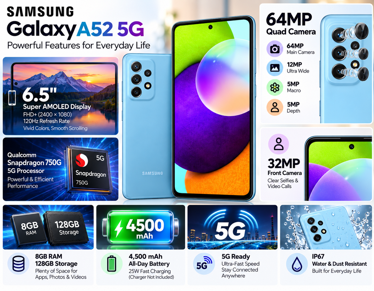 Samsung Galaxy A52s Light blue Samsung smartphone front and back with quad camera array