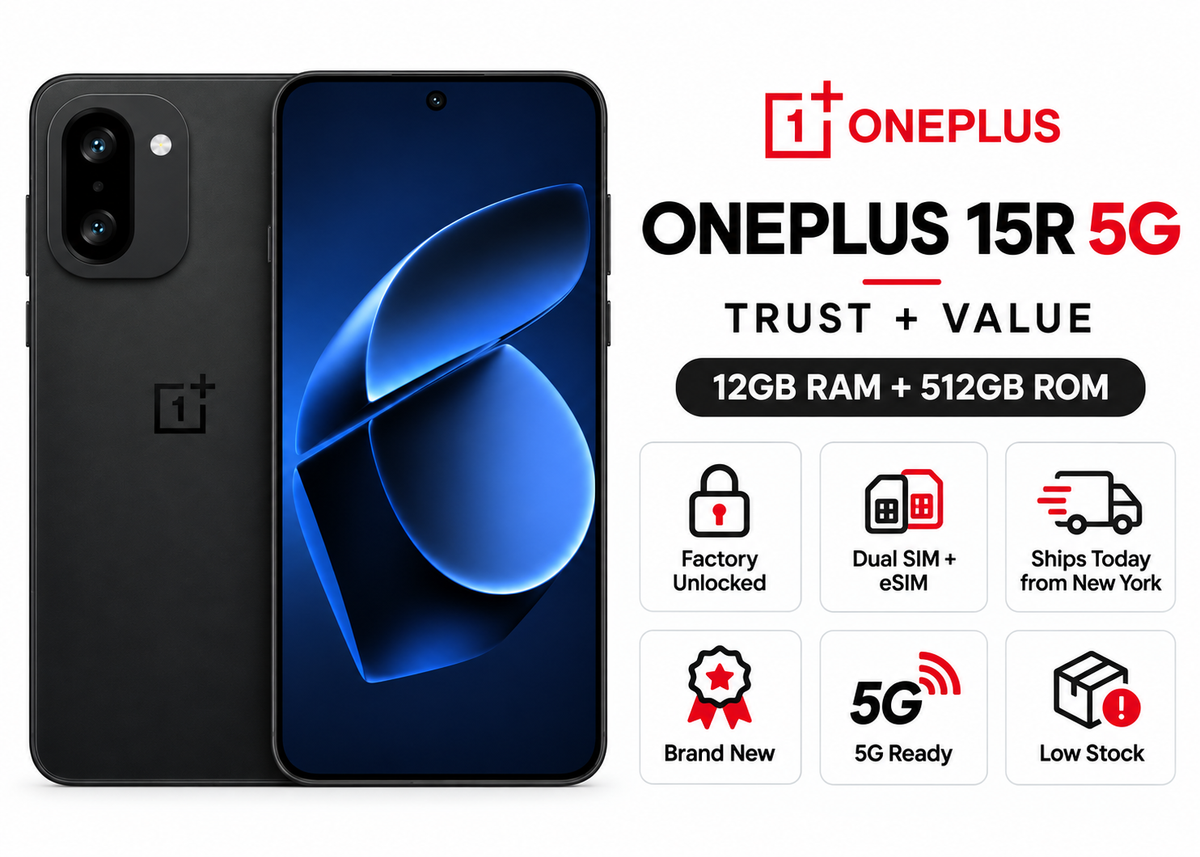 Black OnePlus 15R 5G smartphone with blue display and dual cameras on rear