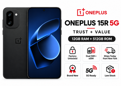 Black OnePlus 15R 5G smartphone with blue display and dual cameras on rear