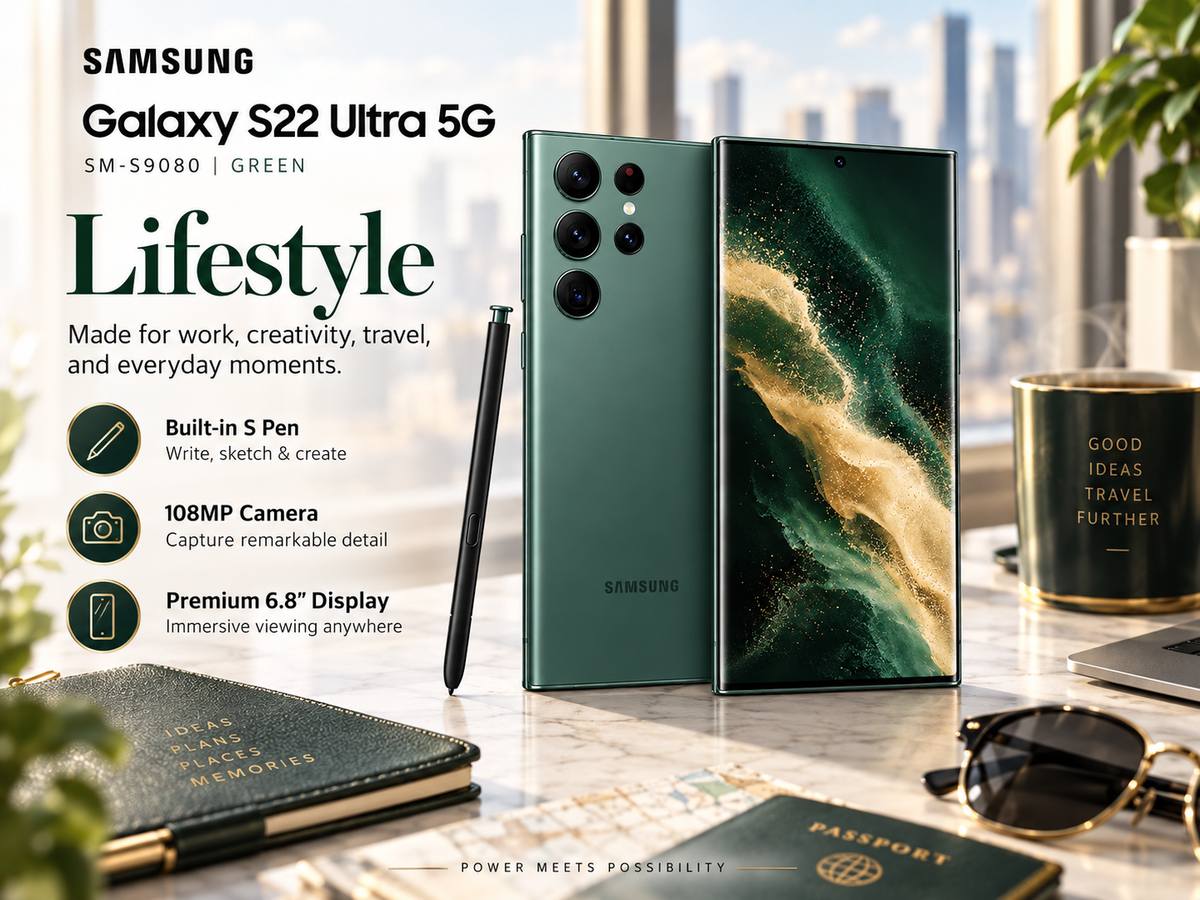 Samsung Galaxy S22 Ultra Green smartphone with S Pen, 6.8-inch display, and triple rear cameras