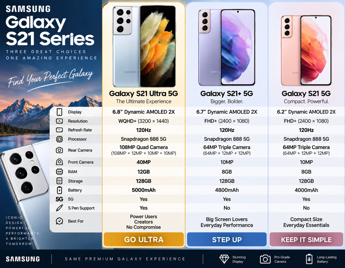 Silver Samsung Galaxy S21 Ultra 5G smartphone front and back in comparison lineup.