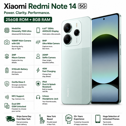 Xiaomi Redmi Note 14 5G 256GB ROM 8GB RAM Dual Sim GSM Unlocked - Coral Green