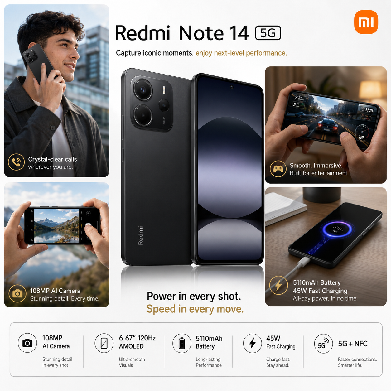 Xiaomi Redmi Note 14 5G 256GB ROM 8GB RAM Dual Sim GSM Unlocked - Midnight Black