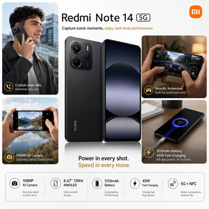 Xiaomi Redmi Note 14 5G 256GB ROM 8GB RAM Dual Sim GSM Unlocked - Midnight Black
